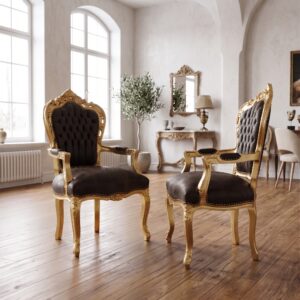 Set Baroque chairs Leather look Gold-Brown