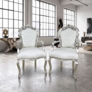Set Baroque chairs PU-leather White silver