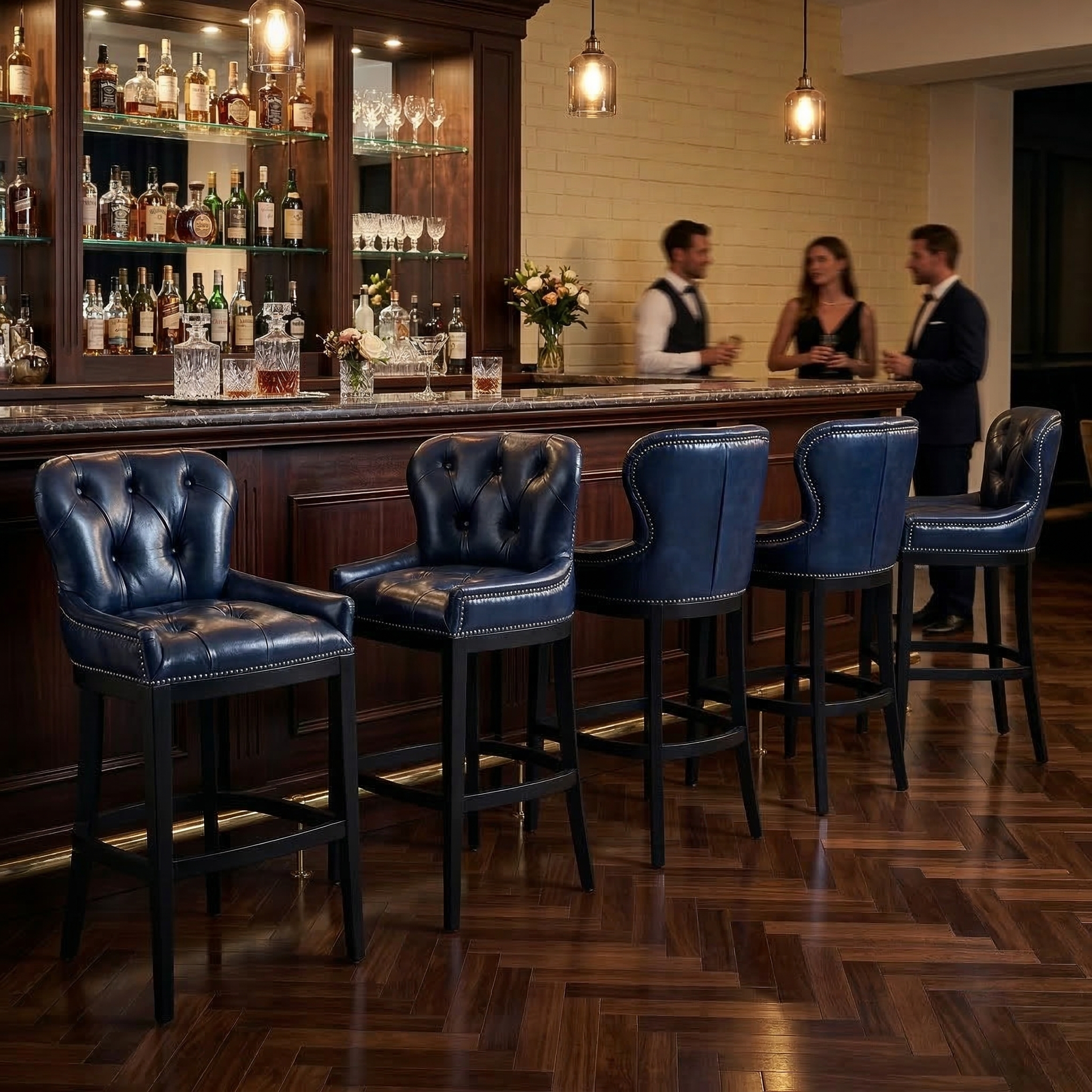 Chesterfield Bar Stool Leather Blue - Image 2