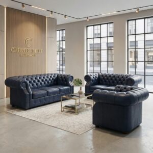 Chesterfield Sofa Set Blue 3-2-1 Leather