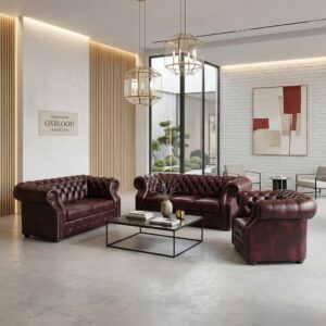 Chesterfield Couch Red-Brown 3-2-1 Leather