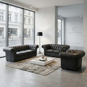 Chesterfield Couch Anthracite 3-2-1 Leather