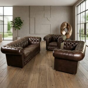 Chesterfield Sofa Set Dark Brown 3-2-1 Leather
