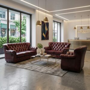 Chesterfield sofa set burgundy 3-2-1 leather