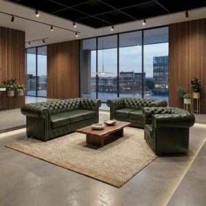 Chesterfield Sofa Set Dark Green 3-2-1 Leather