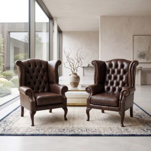 Chesterfield Armchair Set Leather Dark Brown