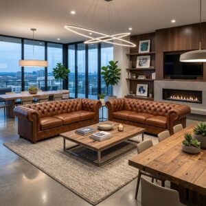 Chesterfield Sofa Leather Cognac 2,20 m Set