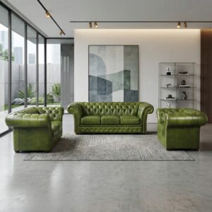Chesterfield Sofa Green 3-2-1 Leather