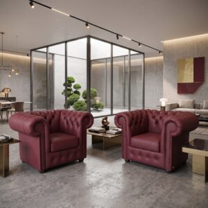 Chesterfield Armchairs Leather Wine Red 1,08 m Set