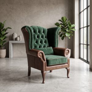 Chesterfield Armchair Leather Velvet Dark Green Brown