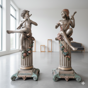 Statues Children Flute Mandoline Bronze 1,54 m Set