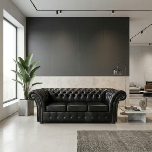 Chesterfield Sofa Leather Black 2,20 m