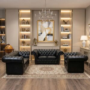 Chesterfield Sofa Black 3-2-1 Leather