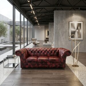 Chesterfield Sofa Leather Dark red-Black 2,20 m