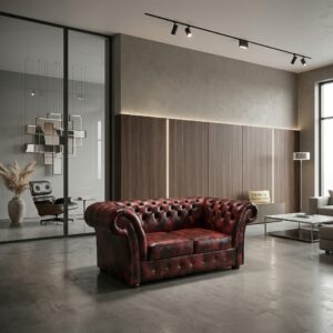 Chesterfield Sofa Leather Dark red-Black 1,85 m