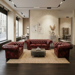 Chesterfield Sofa Dark red-Black 3-2-1 Leather