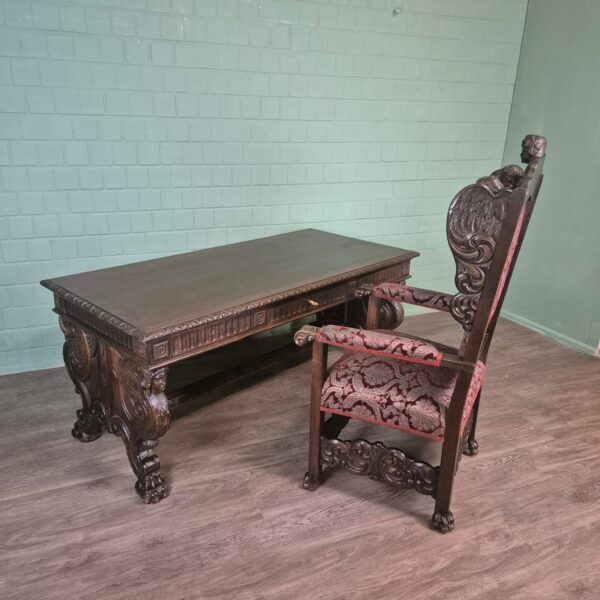 Desk and Office Chair Oak Neubaroque 1920