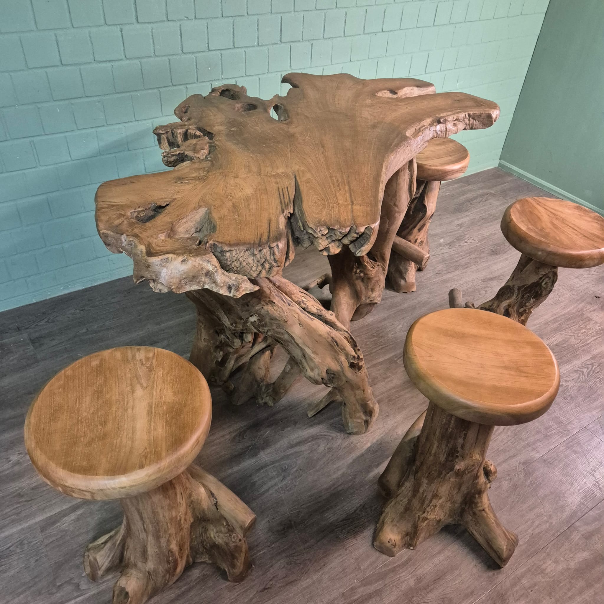 Burl Walnut Bar Table and 4 Bar Stools Set - Image 5