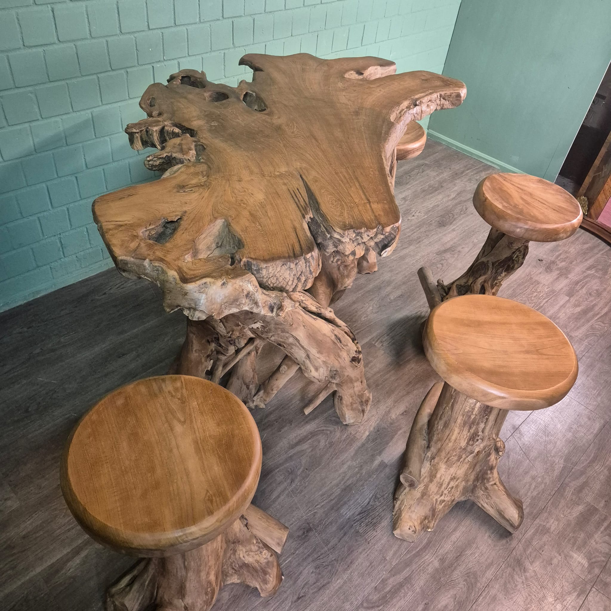 Burl Walnut Bar Table and 4 Bar Stools Set - Image 6