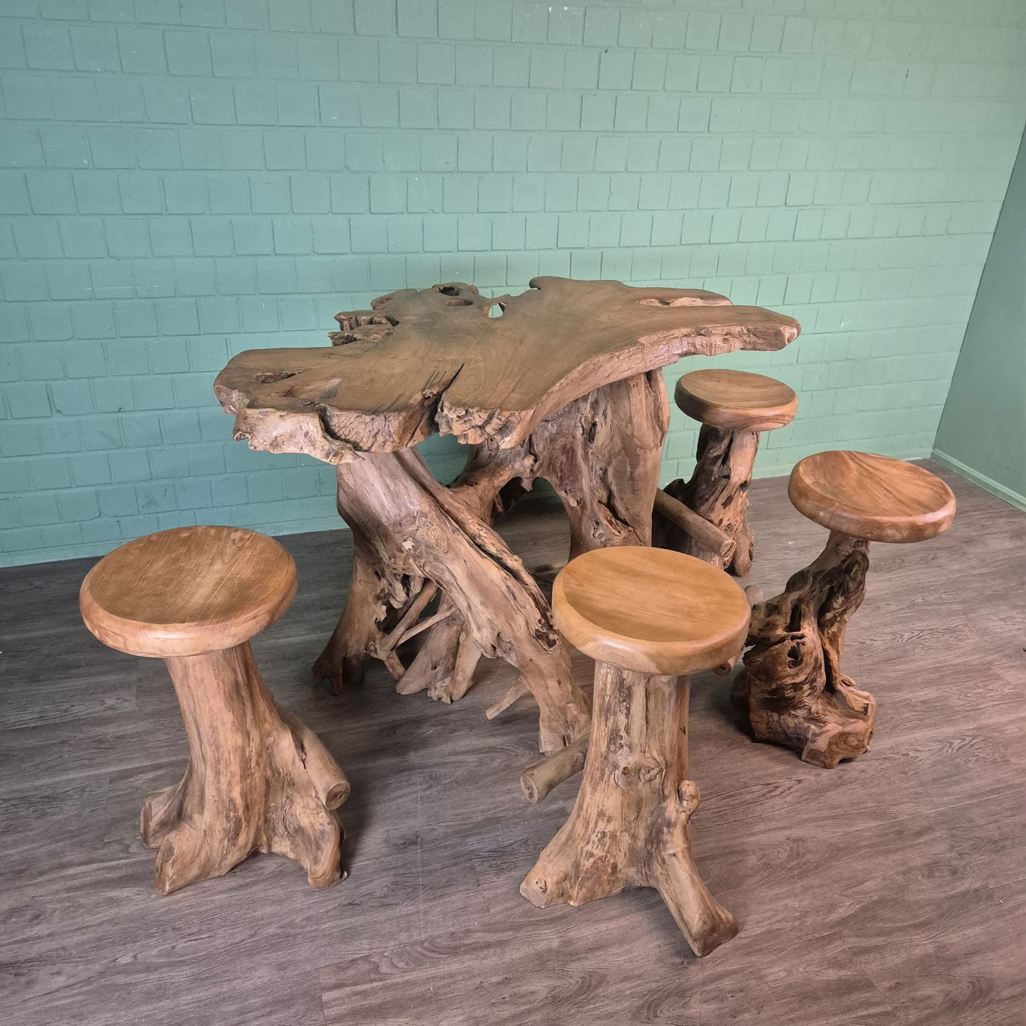 Burl Walnut Bar Table and 4 Bar Stools Set - Image 4
