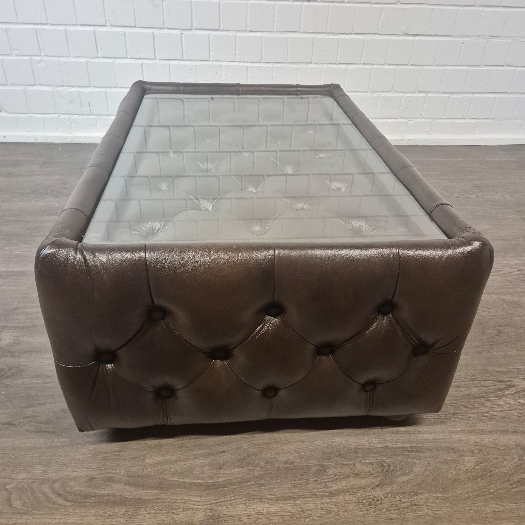 Chesterfield Coffee Table Leather Glass Dark Brown 1.20 m x 0.78 m - Image 8