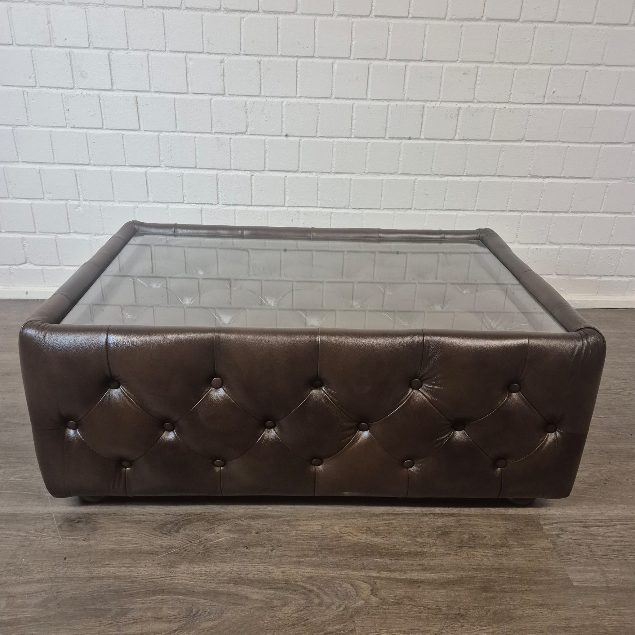 Chesterfield Coffee Table Leather Glass Dark Brown 1.20 m x 0.78 m - Image 3