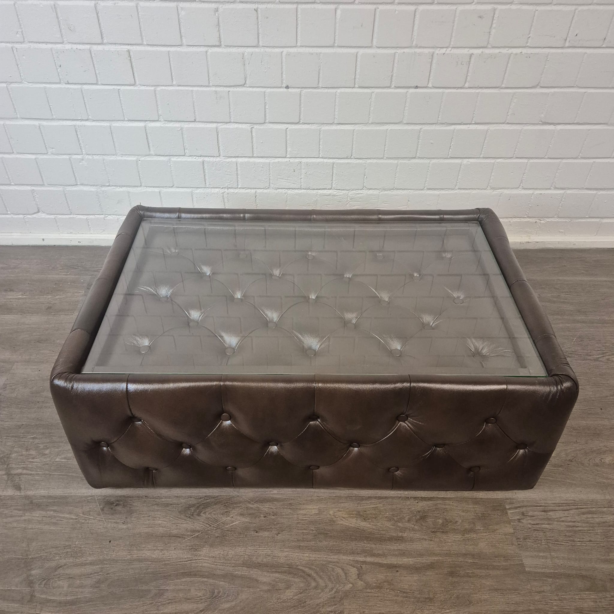 Chesterfield Coffee Table Leather Glass Dark Brown 1.20 m x 0.78 m - Image 4