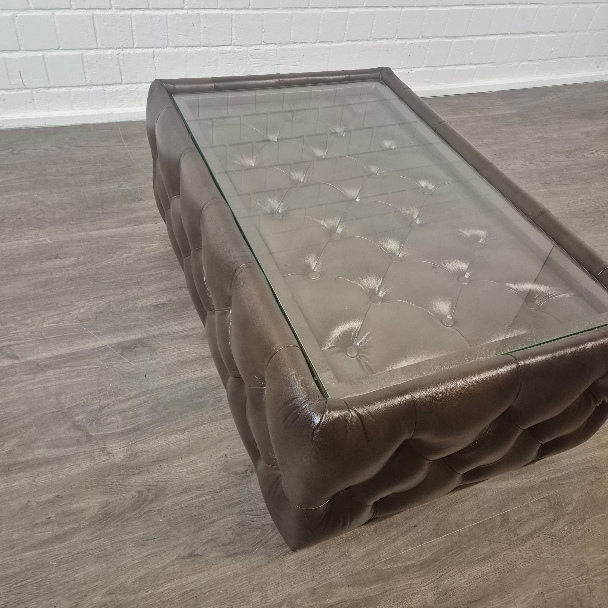 Chesterfield Coffee Table Leather Glass Dark Brown 1.20 m x 0.78 m - Image 6