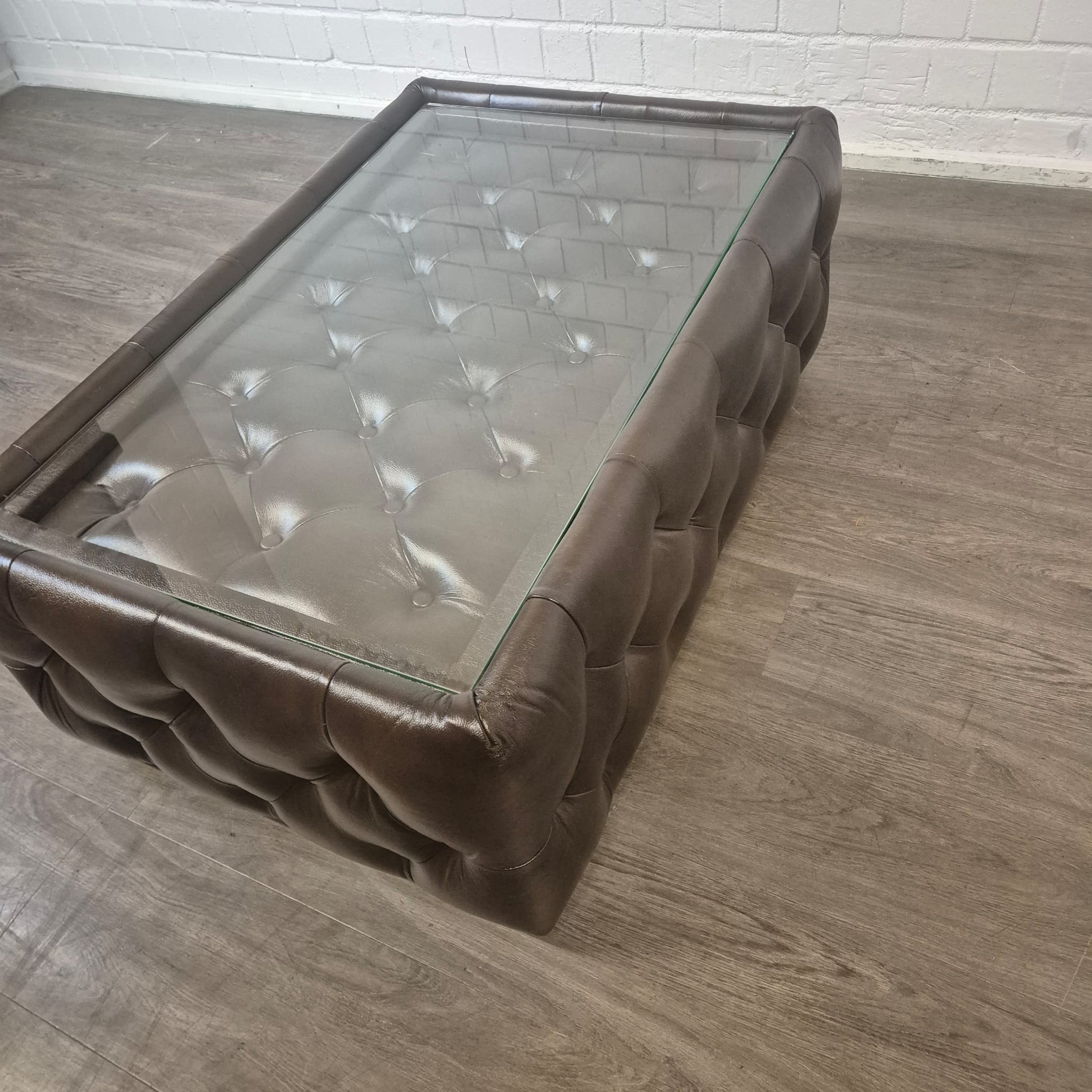 Chesterfield Coffee Table Leather Glass Dark Brown 1.20 m x 0.78 m - Image 11