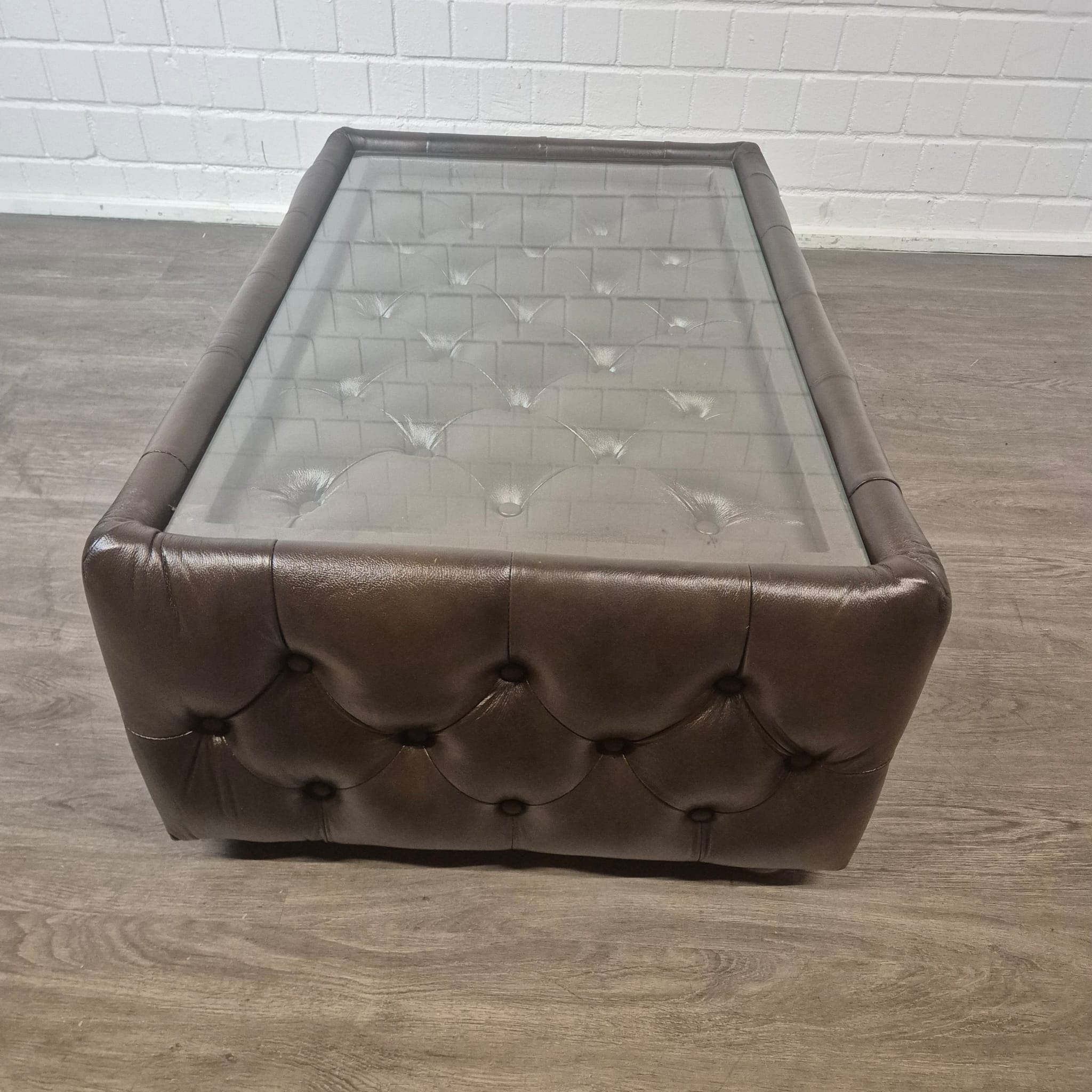 Chesterfield Coffee Table Leather Glass Dark Brown 1.20 m x 0.78 m - Image 10