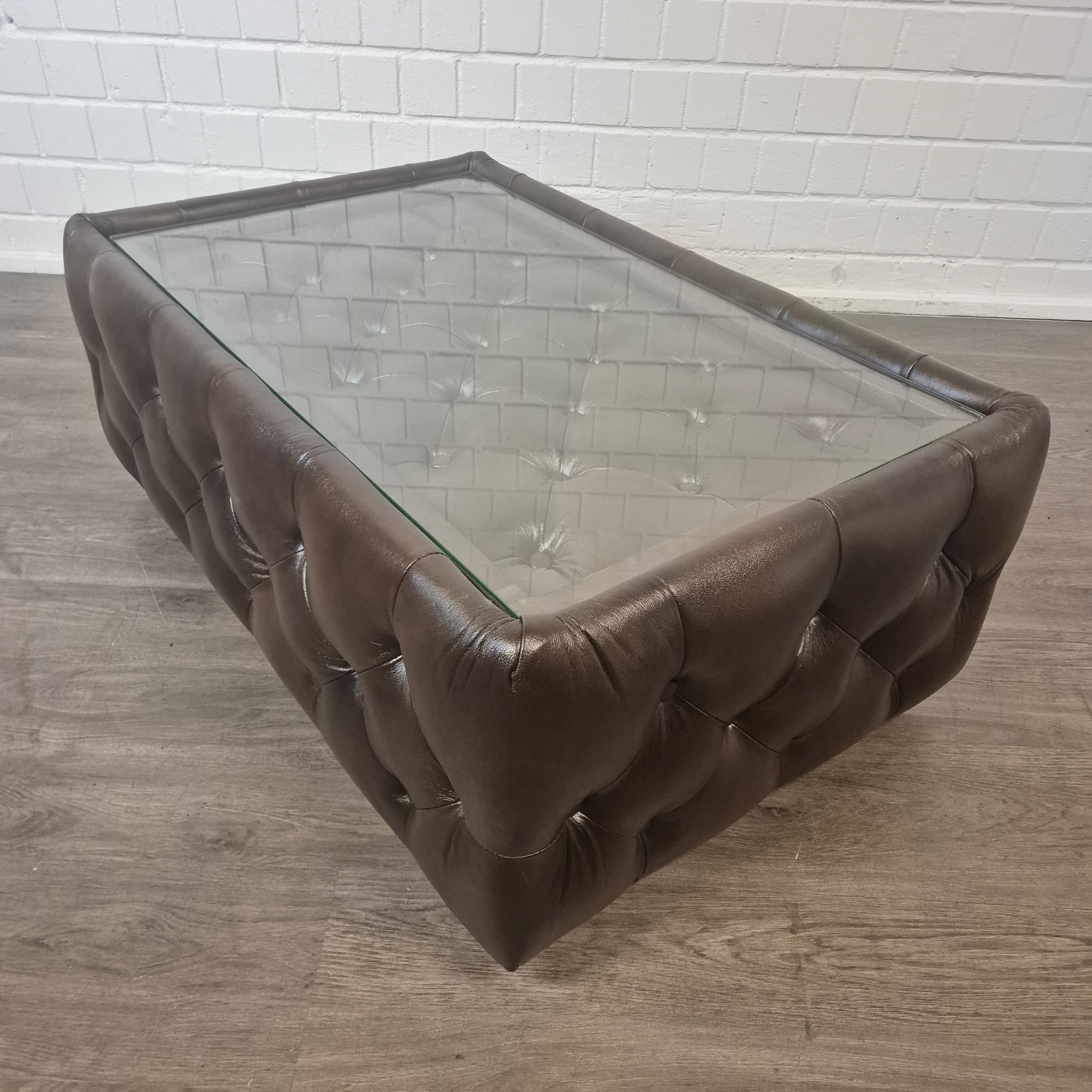 Chesterfield Coffee Table Leather Glass Dark Brown 1.20 m x 0.78 m - Image 7