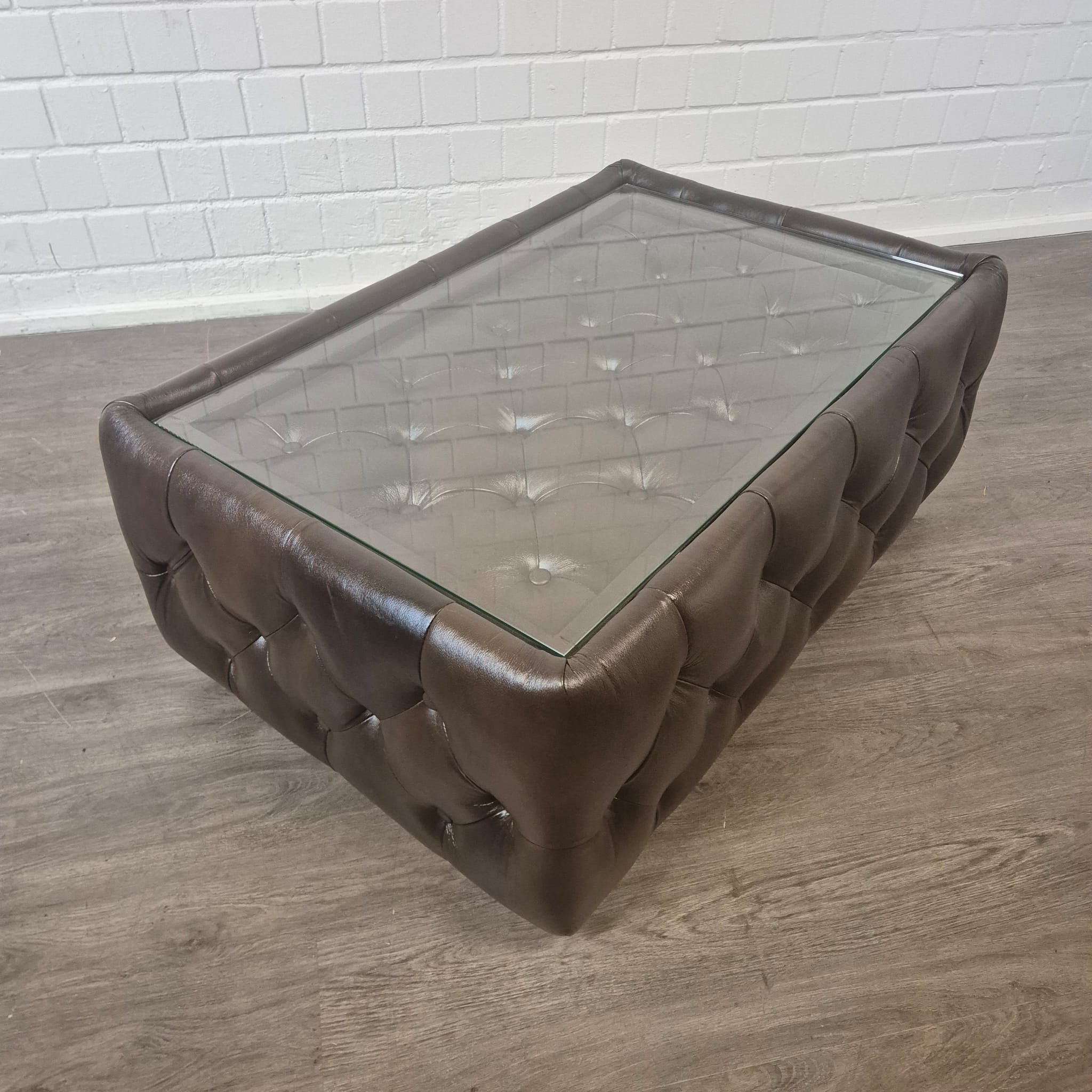 Chesterfield Coffee Table Leather Glass Dark Brown 1.20 m x 0.78 m - Image 12