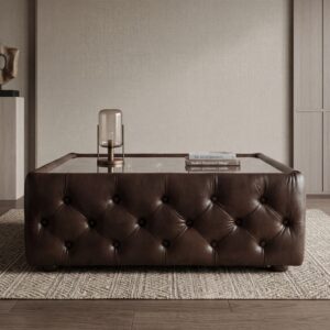 Chesterfield Coffee Table Leather Glass Dark Brown 1.20 m x 0.78 m