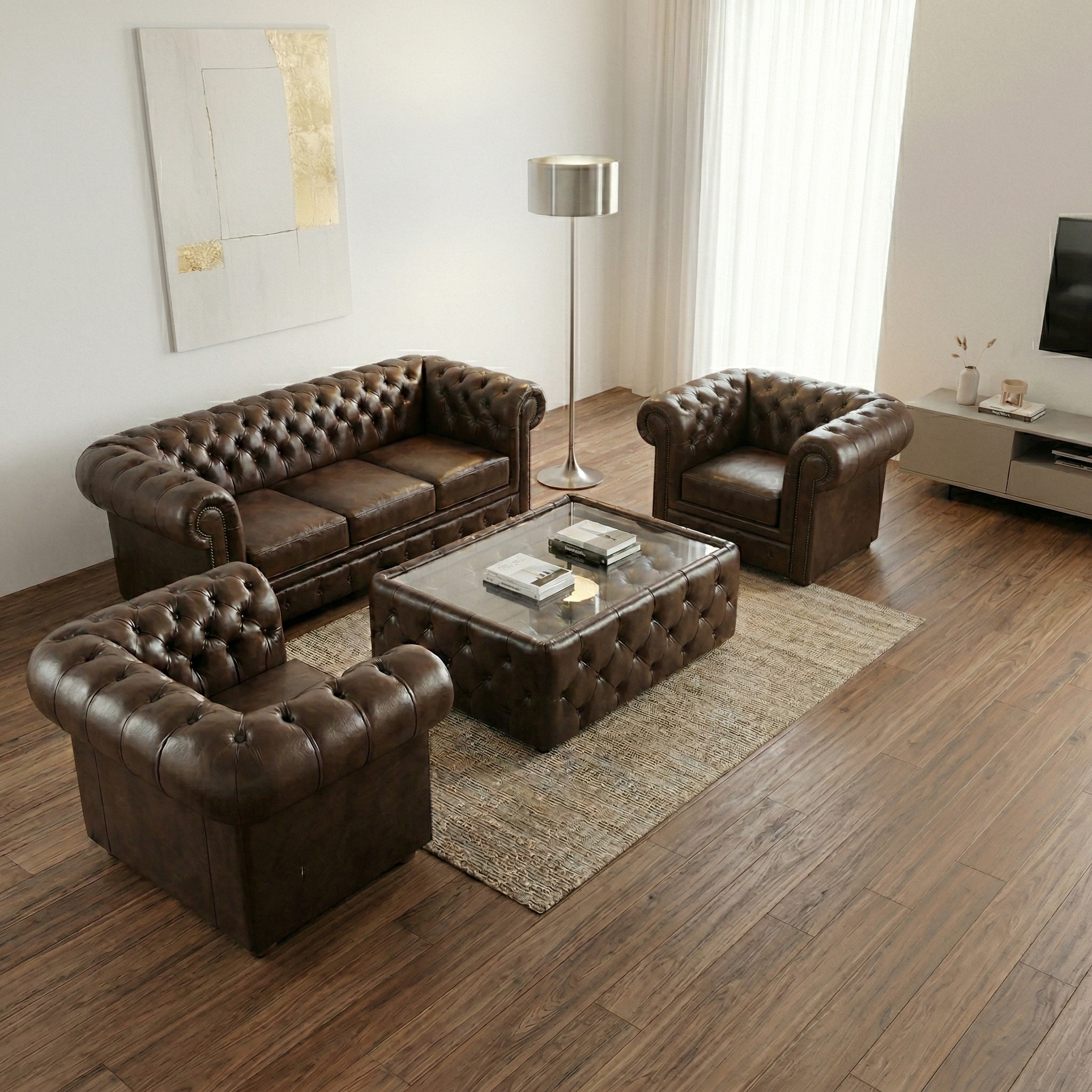 Chesterfield Coffee Table Leather Glass Dark Brown 1.20 m x 0.78 m - Image 2