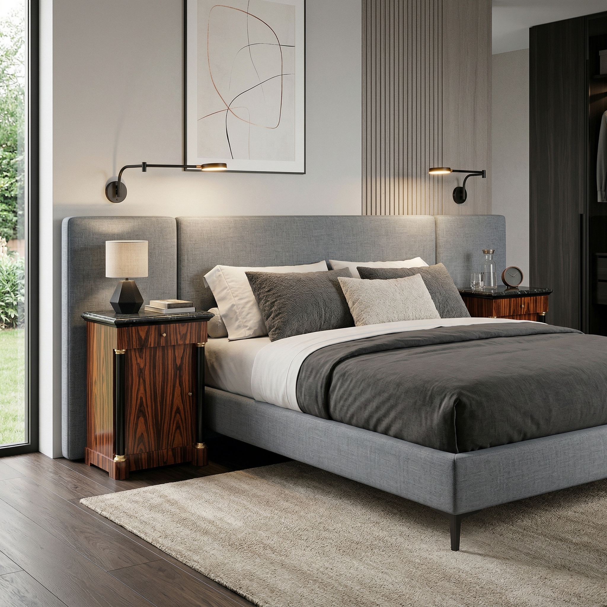 Empire Style Nightstand Set Walnut Marble - Image 2