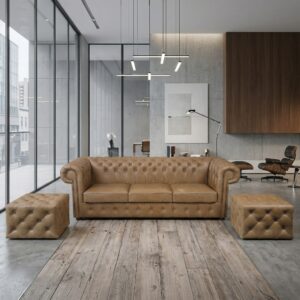 Chesterfield Sofa Leather Cognac brown 3-seater + 2 Footstools