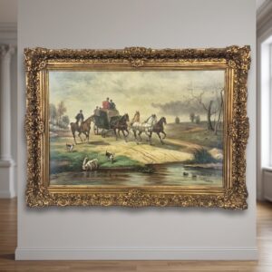 Oil painting by C. Riley, scene featuring an English carriage