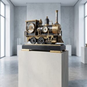French industrial clock, automatic pendulum, steam locomotive, 1890
