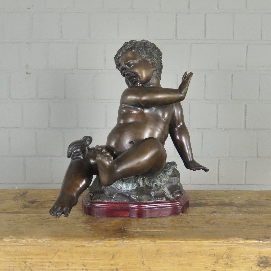 Skulptur Dekoration Kleinkind mit Frosch Bronze 0,43 m
